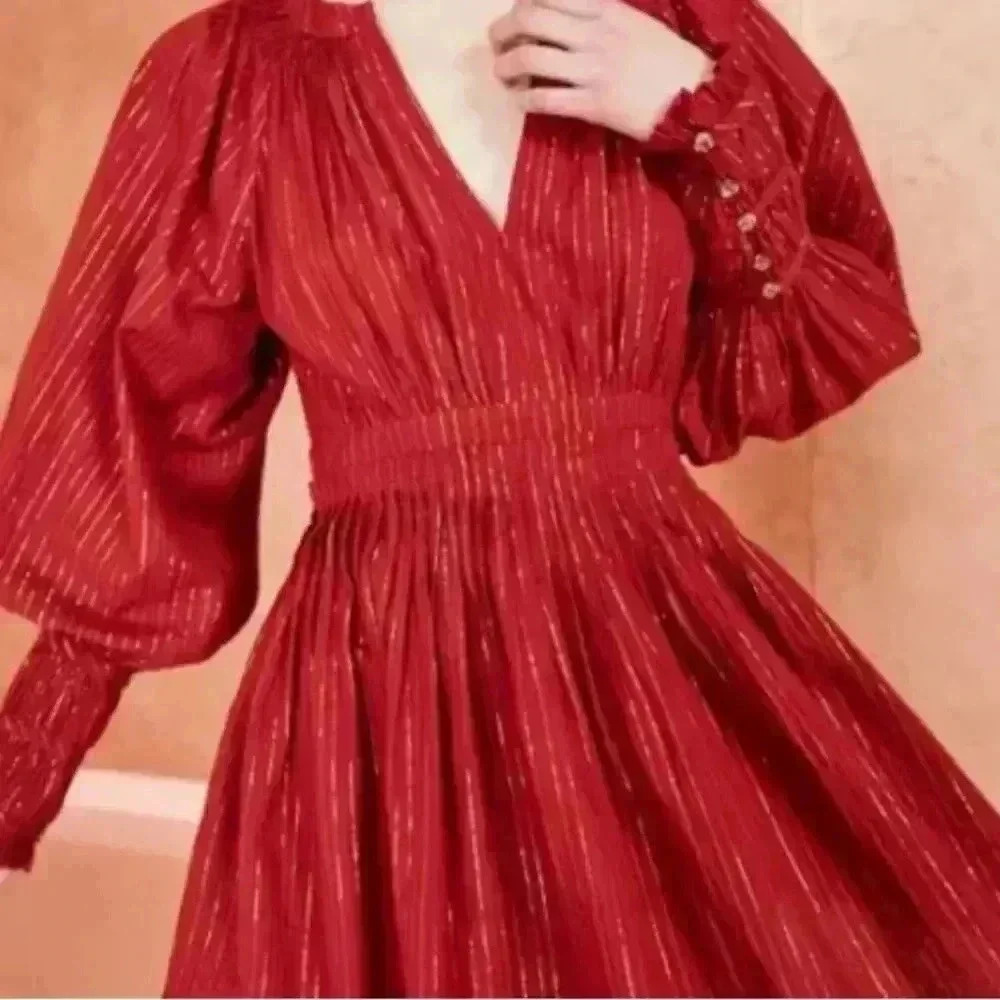 NWOT ULLA JOHNSON Metallic Cotton Long Sleeve Red Ruby Rory Dress Pockets Size 6